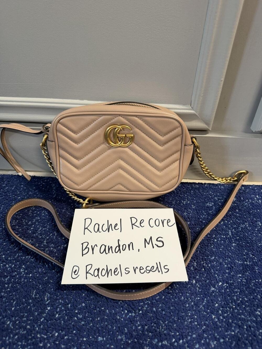 Gucci Crossbody Bag Womens Small Beige Leather GG Marmont Camera Made In Italy